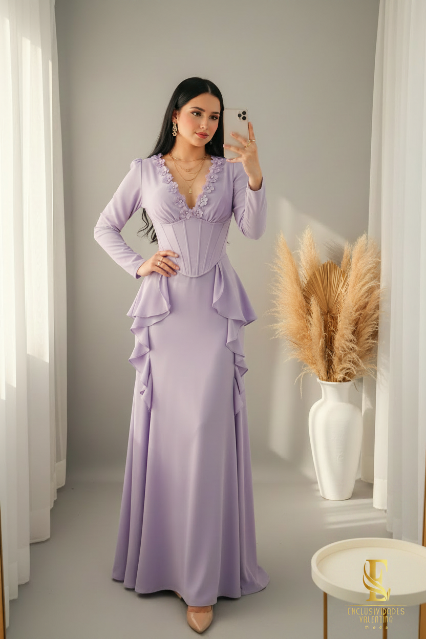 Vestido Lavanda Corset Escote V Flores D cod.00168