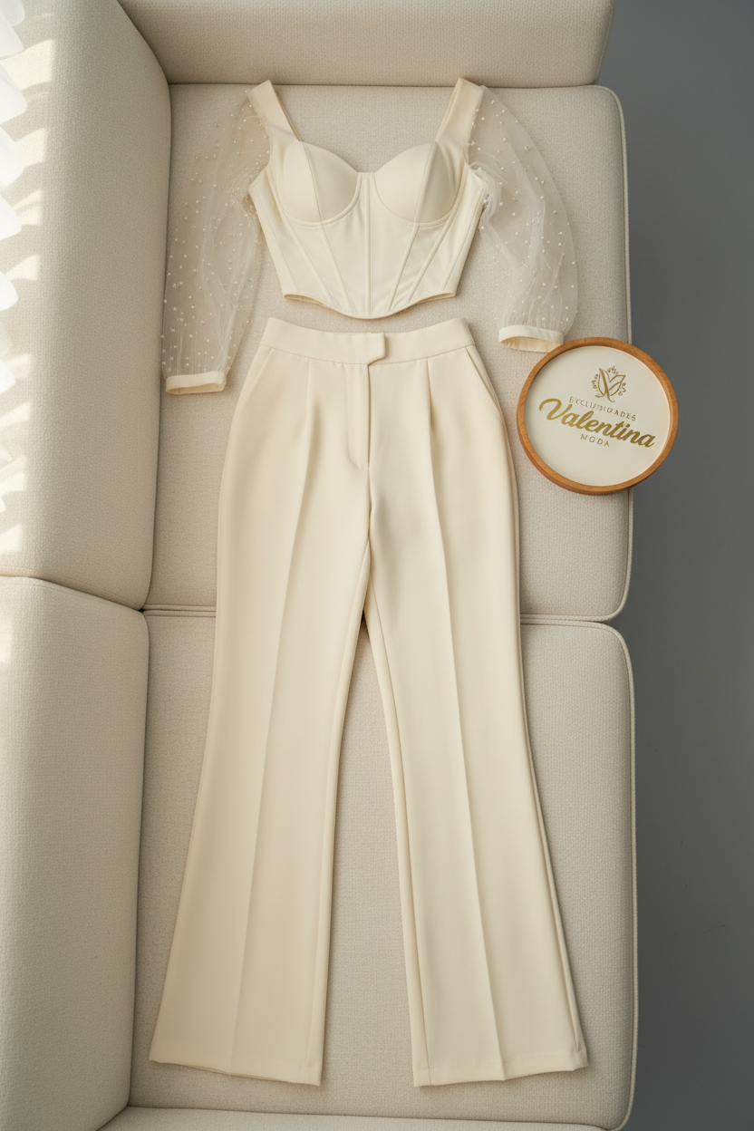 Conjunto Crema Corset con Mangas Tul de Perlas y Pantalón Acampanado cod.654