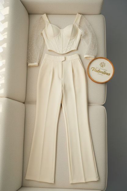 Conjunto Crema Corset con Mangas Tul de Perlas y Pantalón Acampanado cod.654
