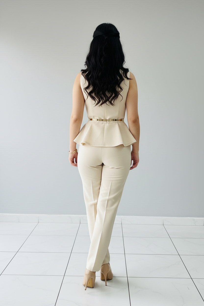 Conjunto Elegante Beige Chaleco Peplum con Botones Dorados y Pantalón Slim cod.504