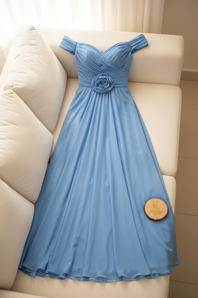 Vestido Azul Cielo — Rosa 3D & Hombros Descubiertos cod.855