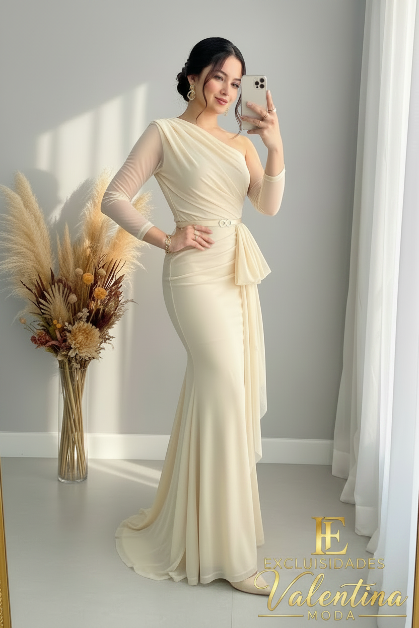 Vestido Sirena Ivory Un Hombro Manga Tul Drapeado cod.V402