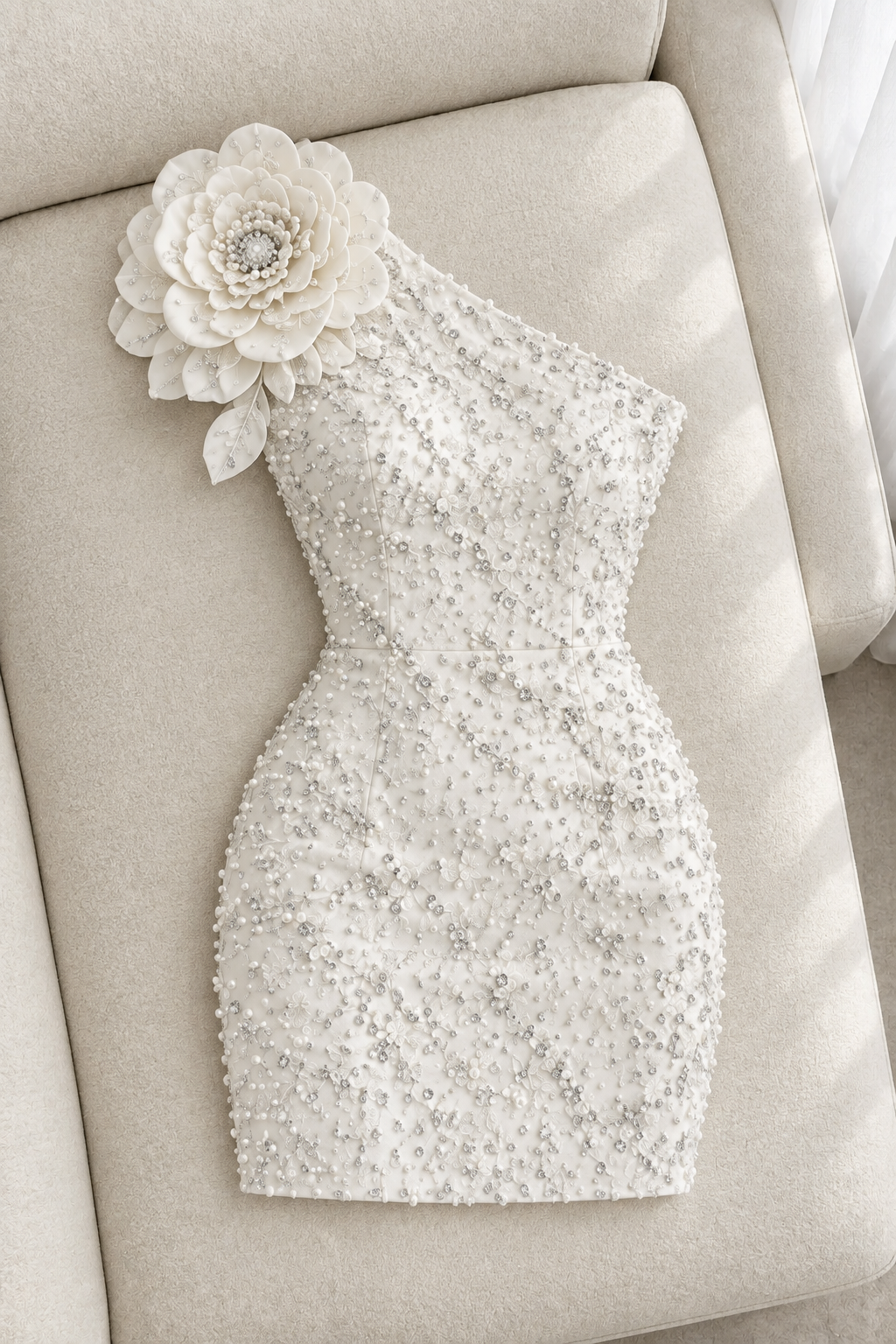 Vestido mini blanco de un hombro con flor 3D y pedrería cod. VC001