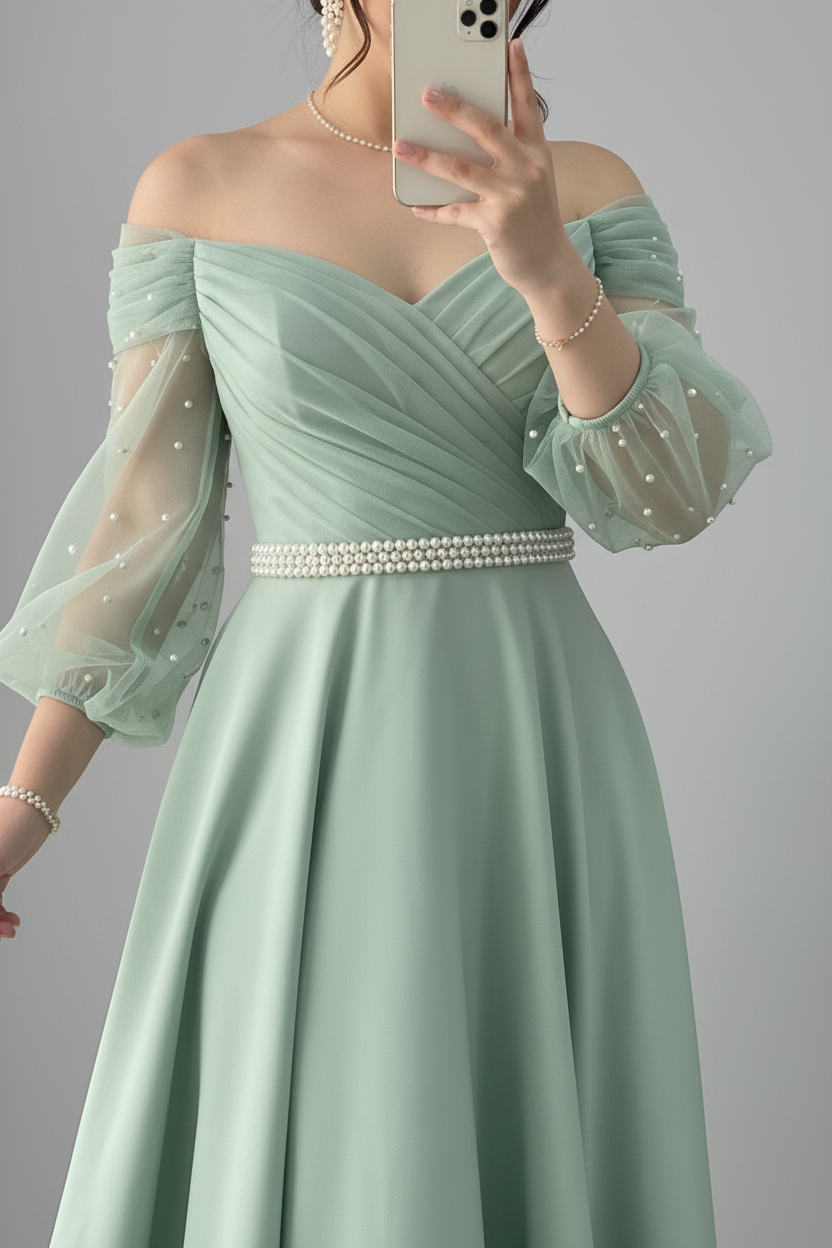 Vestido Verde Salvia Sage Off-Shoulder Manga Tul Perlas Cinturon Ancho A-Line cod.840