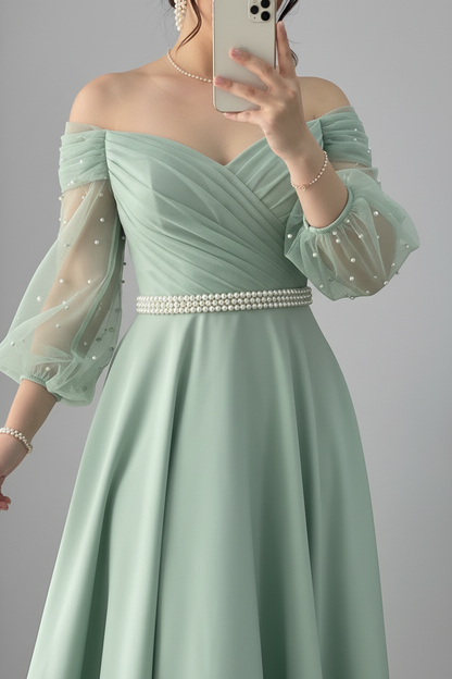 Vestido Verde Salvia Sage Off-Shoulder Manga Tul Perlas Cinturon Ancho A-Line cod.840