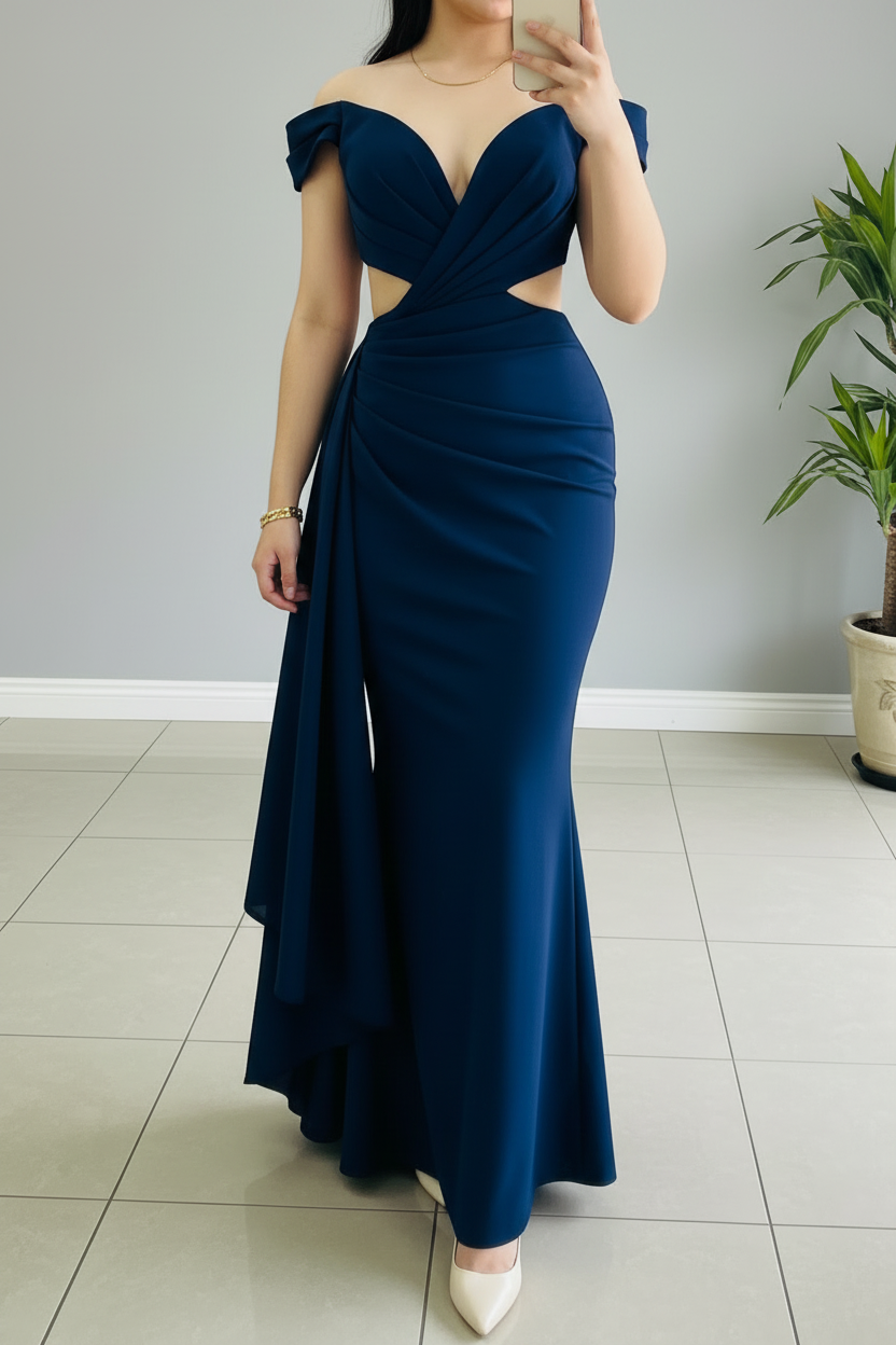 Vestido Formal Azul Marino Off-Shoulder con Cutouts y Drapeado Asimétrico cod.525