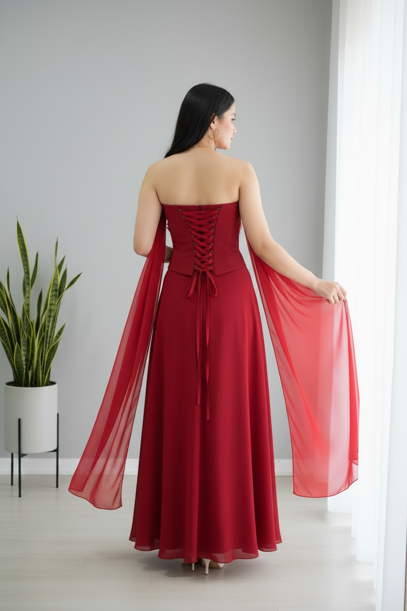 Conjunto Rojo de Gala — Blusa Chaleco + Falda Chiffon cod.C615