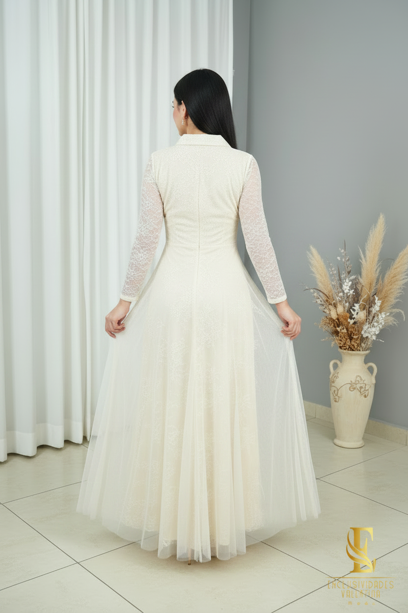 Vestido Ivory Camisero Manga Encaje con Falda de Tul cod.V283