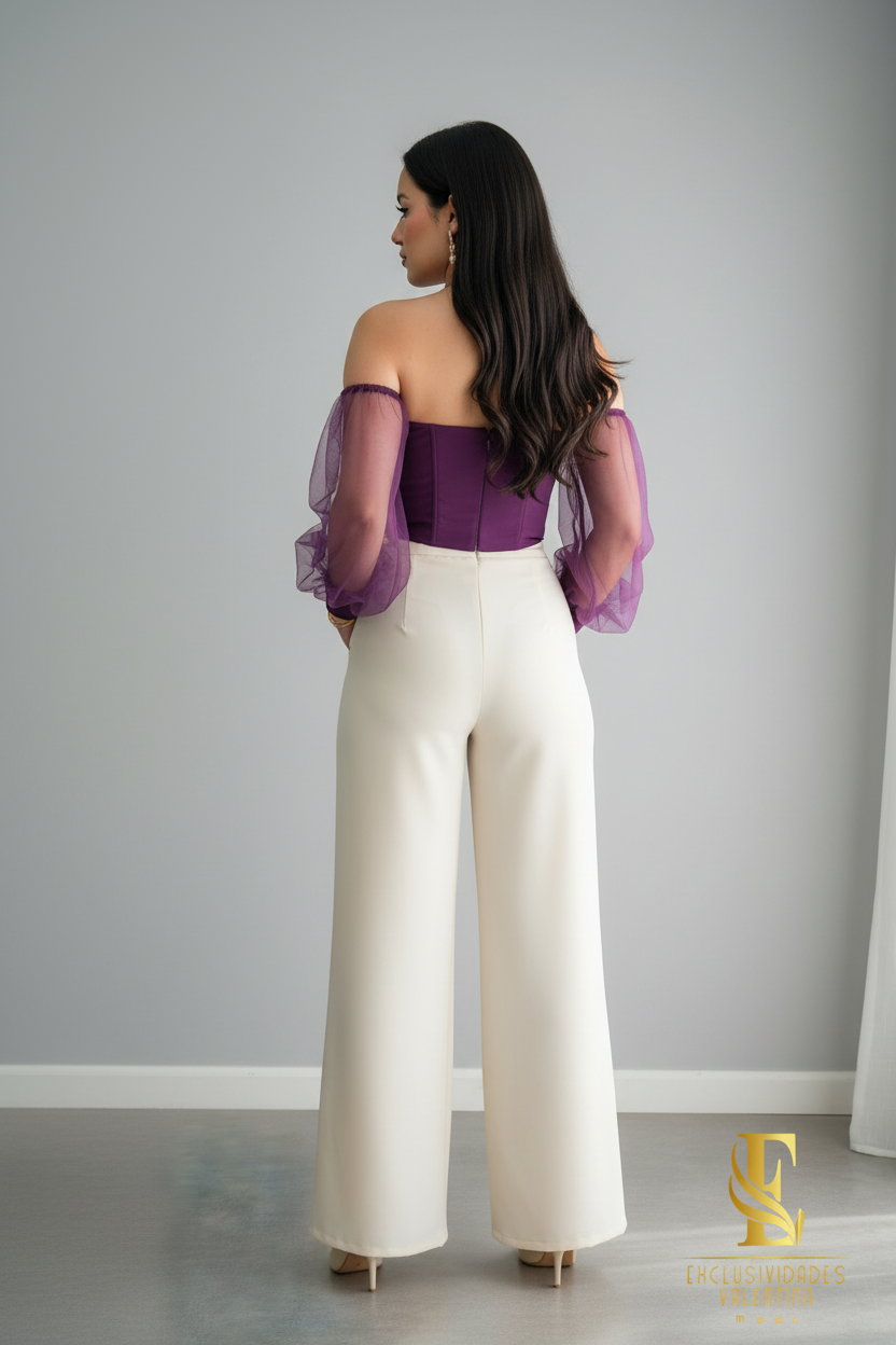 Blusa Corset Morada con Lazo y Mangas Organza cod.B506