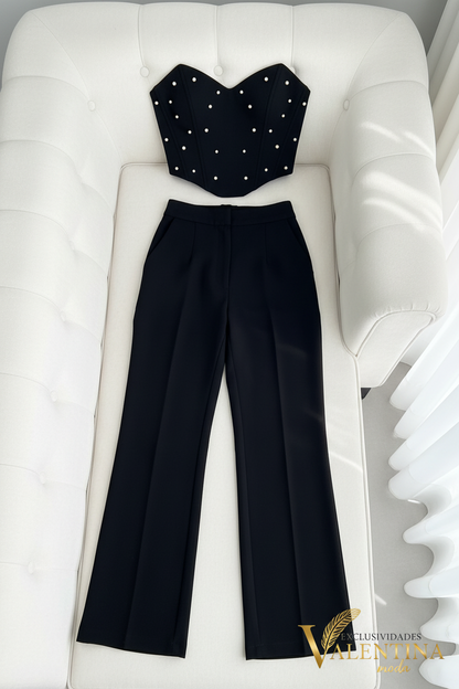 Conjunto Negro Corset con Perlas + Pantalón Wide-Leg