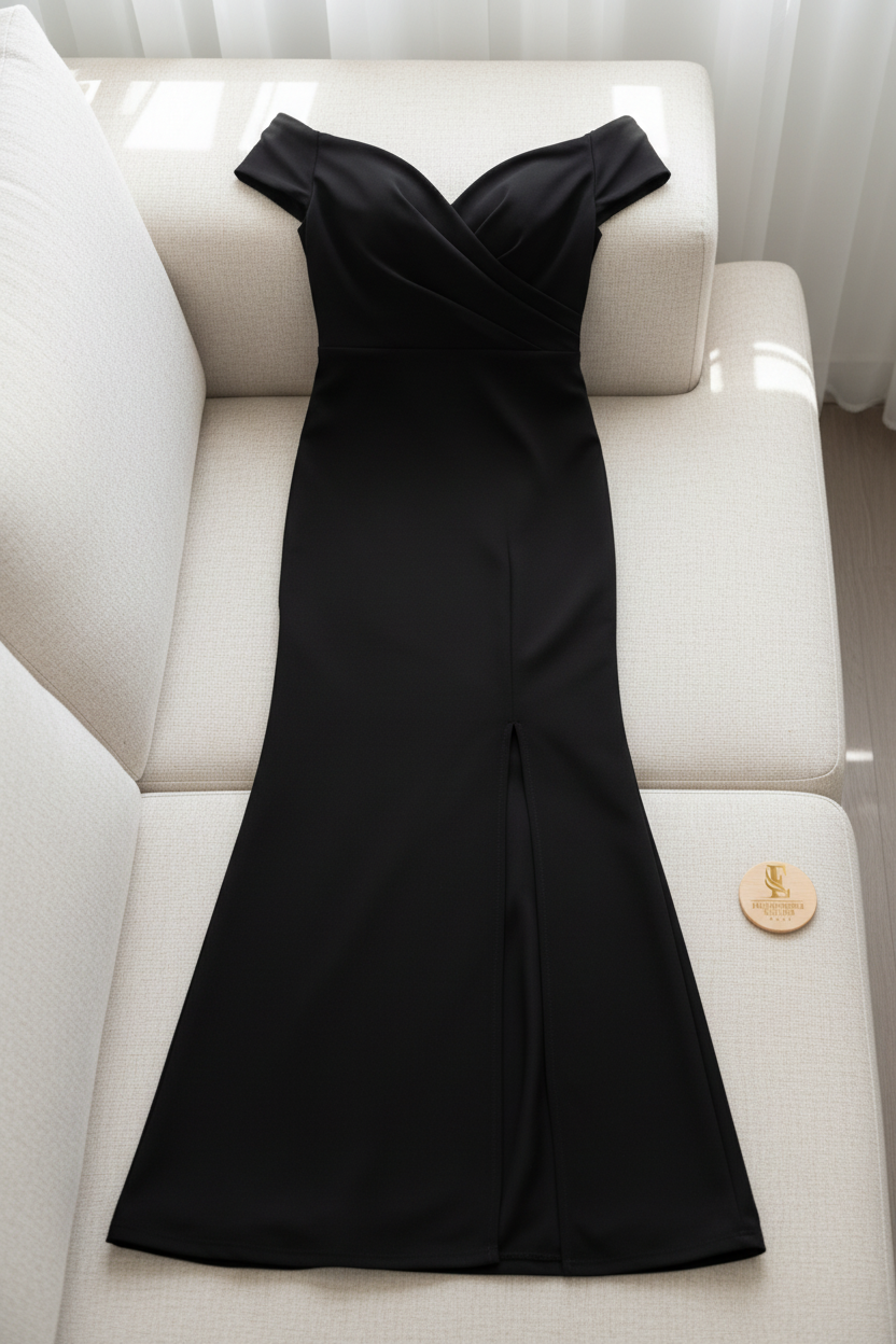 Vestido Negro Off-Shoulder Manga Corta Silueta Ajustada con Abertura cod.737