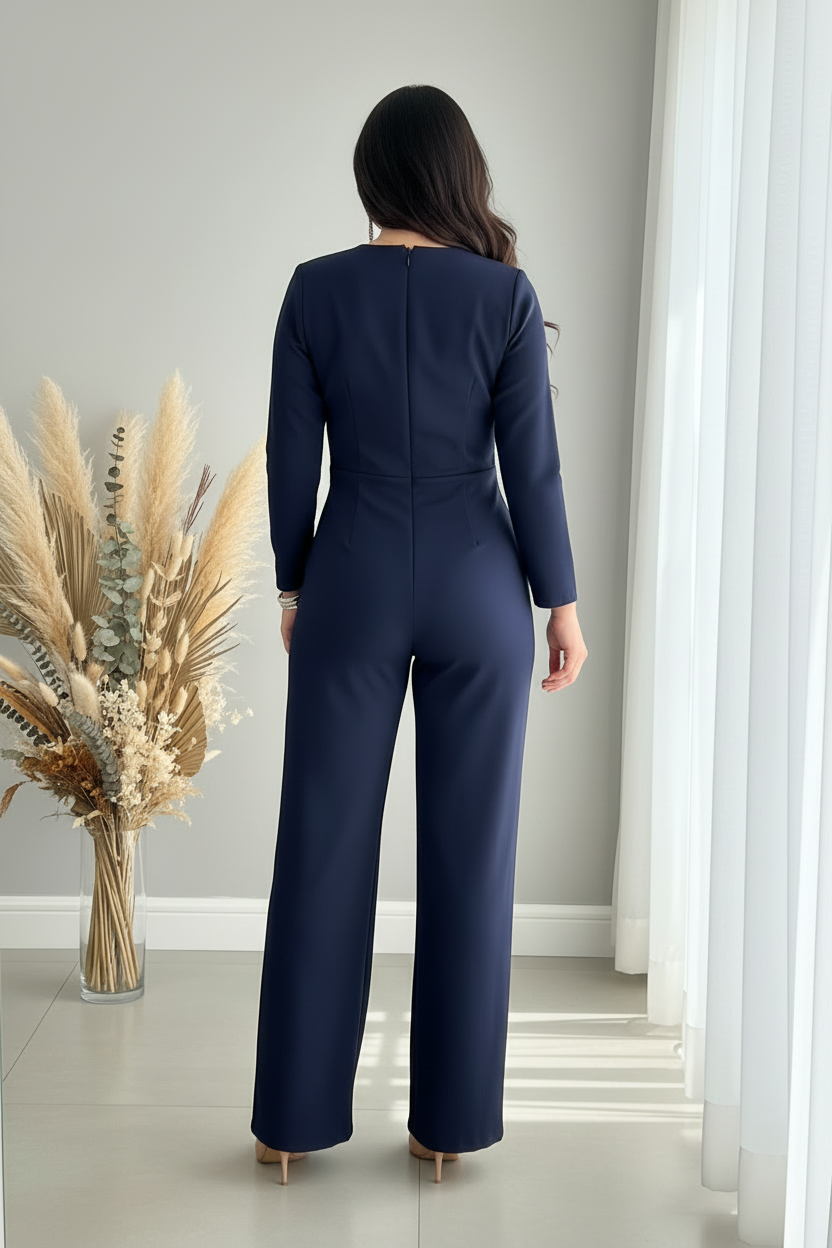 Enterizo Azul Marino Manga Larga Escote V Drapeado Botones Perla Pantalón Palazzo cod.E595