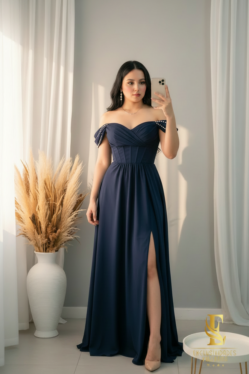 Vestido Azul Marino Off-Shoulder Perlas cod.00173