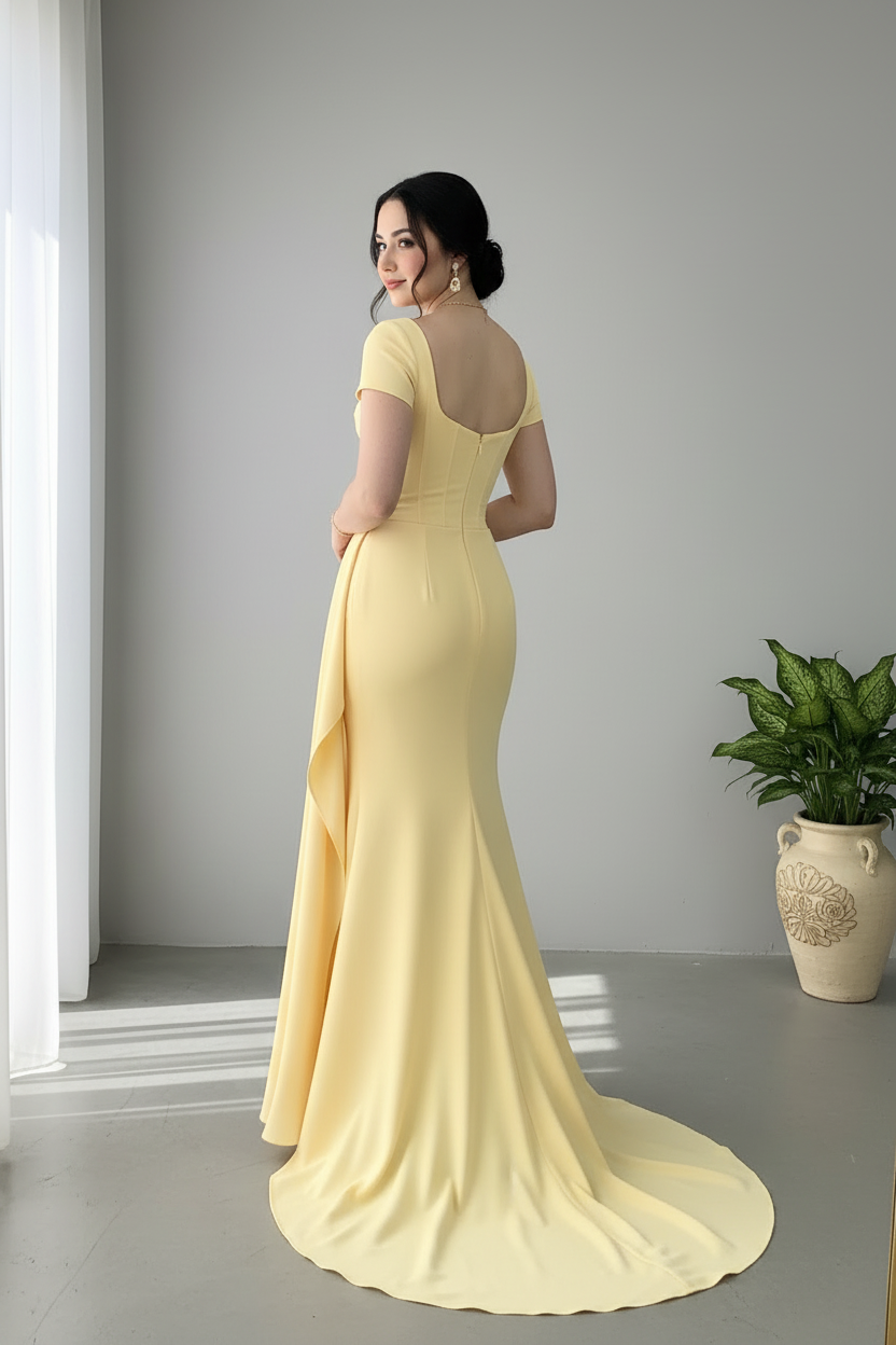 Vestido Sirena Amarillo Pastel — Corset Ballenas, Escote Corazón & Drapeado Lateral cod.884