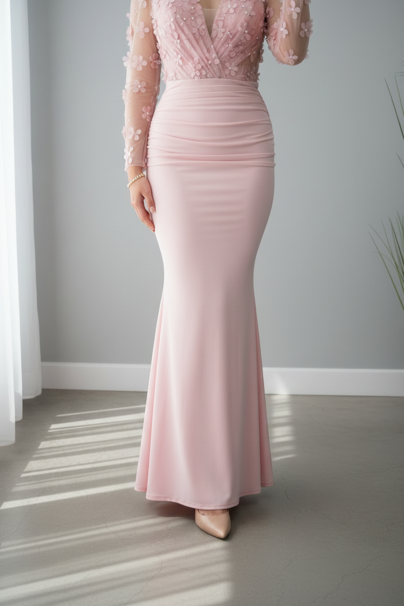 Vestido Rosa Palo Sirena Manga Larga Tul Flores 3D cod.V693