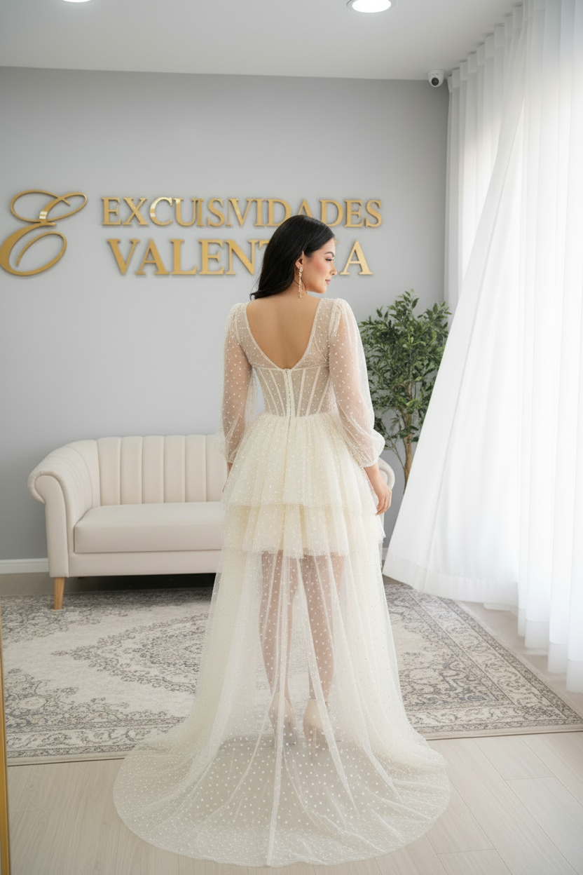 Vestido Blanco Tul Perlas Corset Manga Larga Cola cod.V583