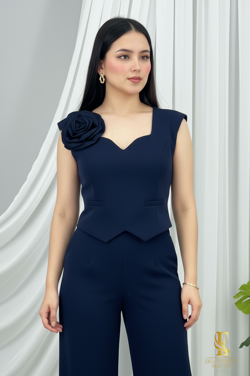 Conjunto Azul Marino — Top Peplum Rosa 3D & Palazzo cod.0033