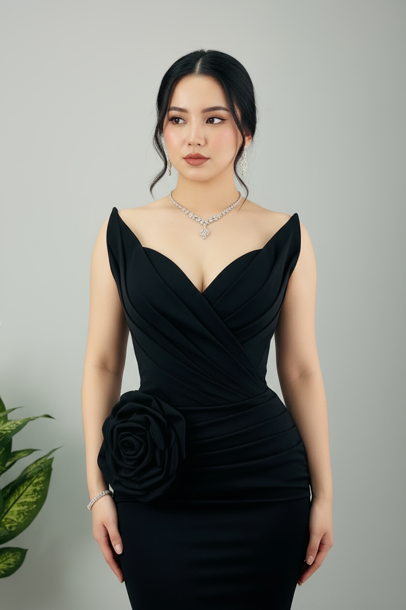 Vestido Sirena Negro — Escote V, Rosa 3D Cadera & Cierre Invisible cod.899