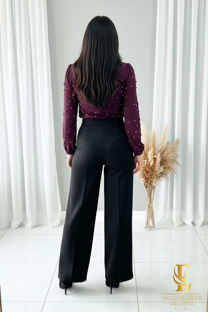 Conjunto Vino Borgoña Blusa Cruzada Perlas + Palazzo Negro cod.C303