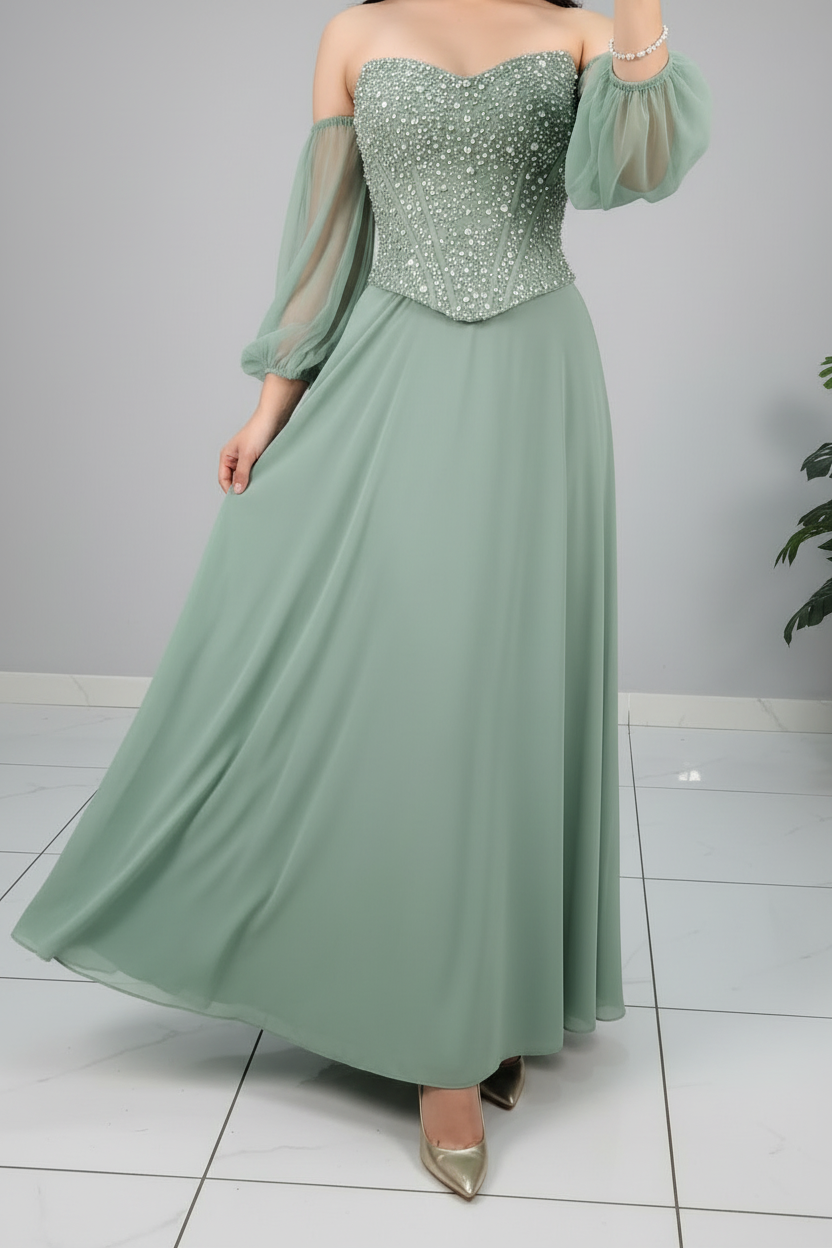 Vestido Formal Verde Salvia Off-Shoulder con Cuerpo de Pedrería cod.550