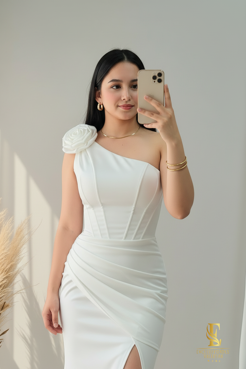 Vestido Blanc One Shoulder Rose Sirena cod.V225