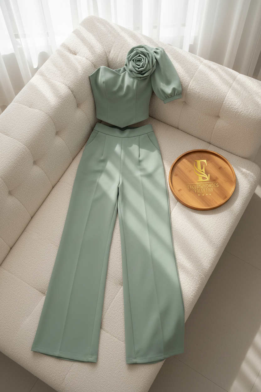 Conjunto Verde Menta — Corset Rosa 3D & Palazzo cod.0032