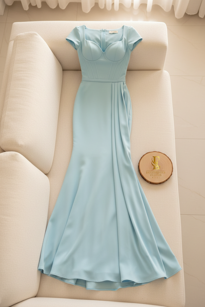 Vestido Sirena Azul Cielo — Corset Ballenas, Escote Corazón & Drapeado Frontal cod.884