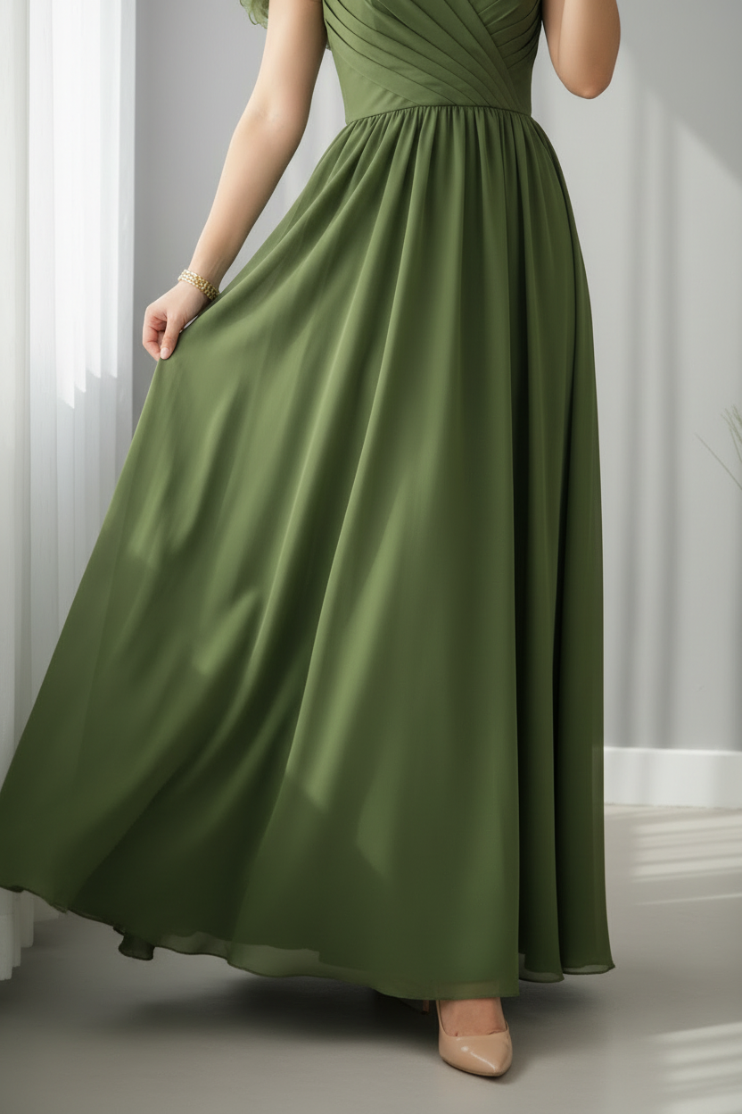 Vestido Verde Olivo Un Hombro con Rosas 3D y Falda Chiffon Línea A cod.V613
