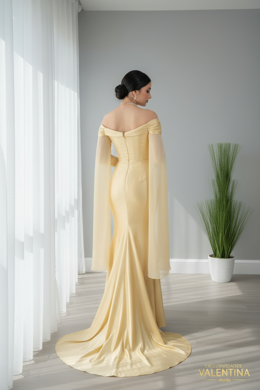 Vestido Dorado Off-Shoulder con Mangas Campana Largas cod.V673