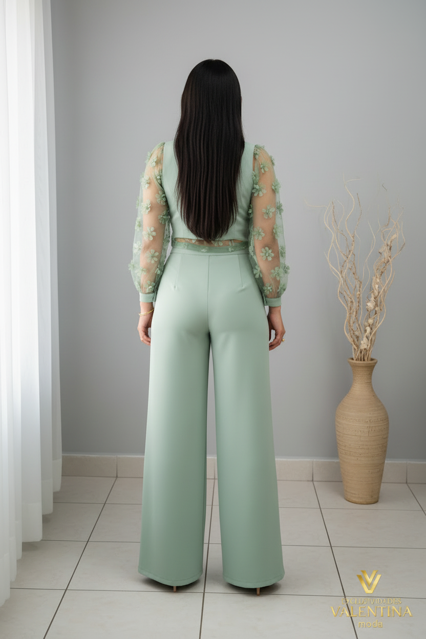 Conjunto Verde Menta 3 Piezas: Blusa Organza Floral, Chaleco y Pantalón Palazzo cod.C529