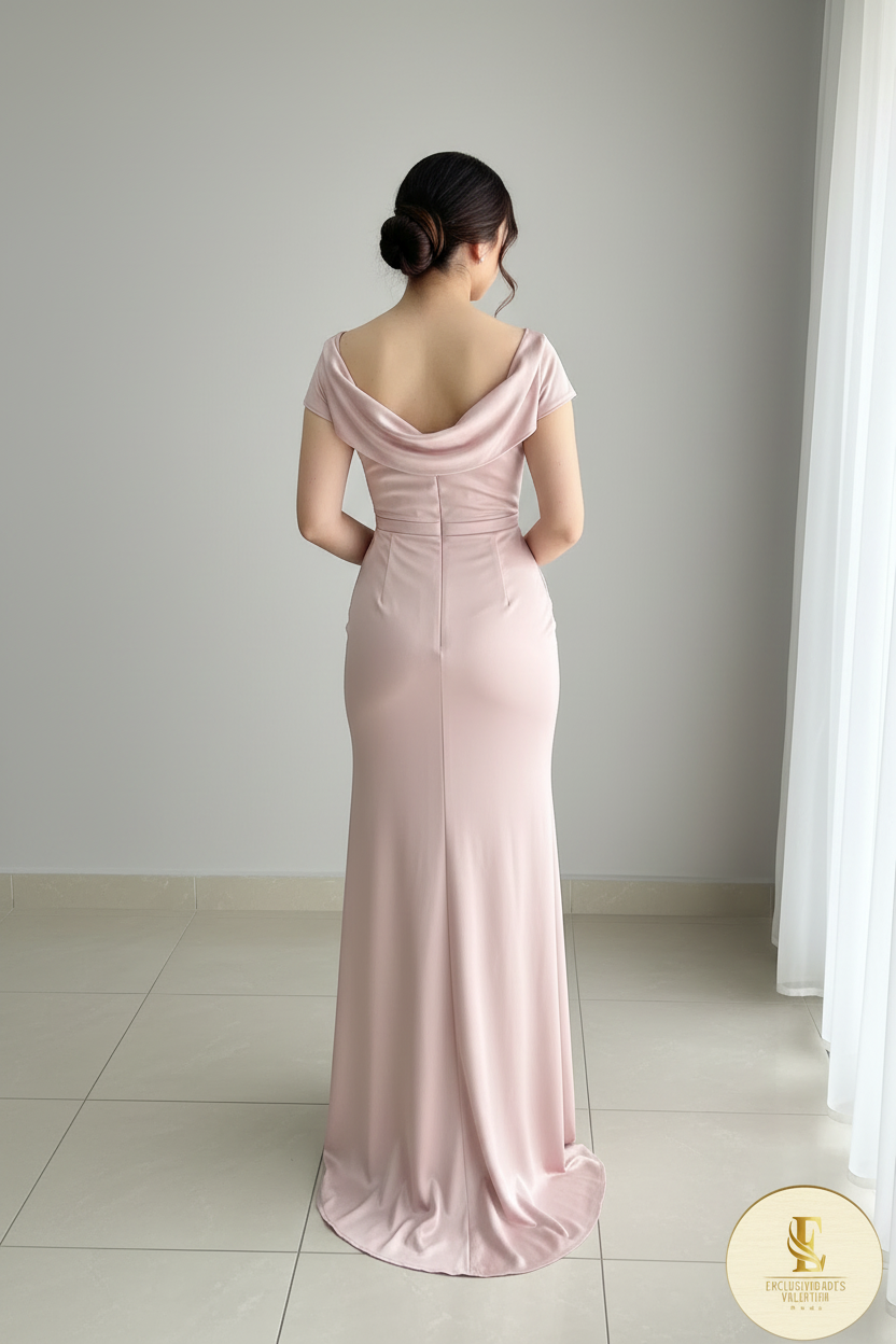Vestido Rosa Palo Cowl Neck Drapeado Abertura cod.V