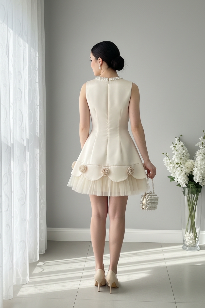 Vestido Mini Ivory Estilo Chanel Cuello de Perlas Moñito y Flores 3D con Tul Plisado cod.V957