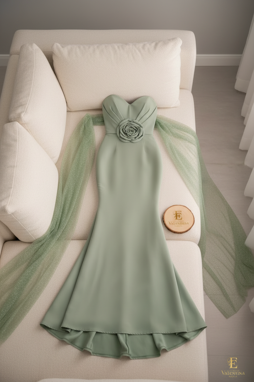 Vestido Sirena Verde Sage Rosa 3D Capa Tul cod.917