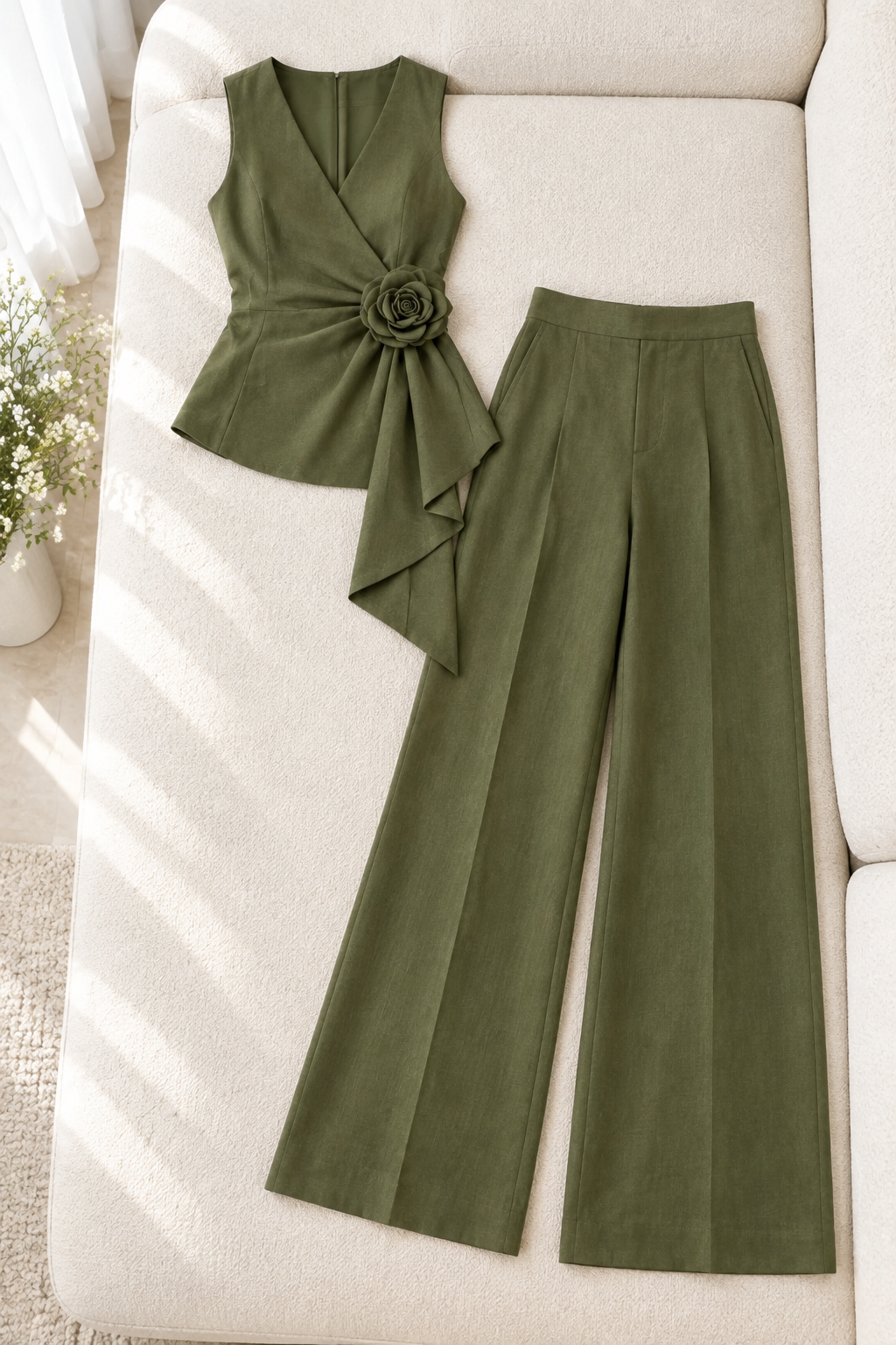 Conjunto Verde Oliva Top Cruzado Rosa 3D y Palazzo cod.CJ005