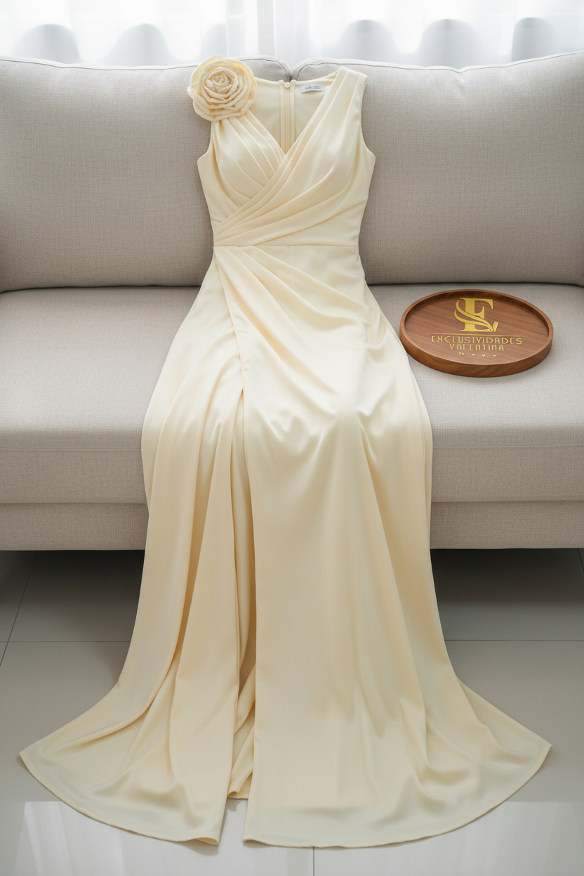Vestido Amarillo Mantequilla Sin Mangas Cruzado con Rosa 3D y Abertura Maxi cod.986