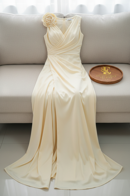 Vestido Amarillo Mantequilla Sin Mangas Cruzado con Rosa 3D y Abertura Maxi cod.986
