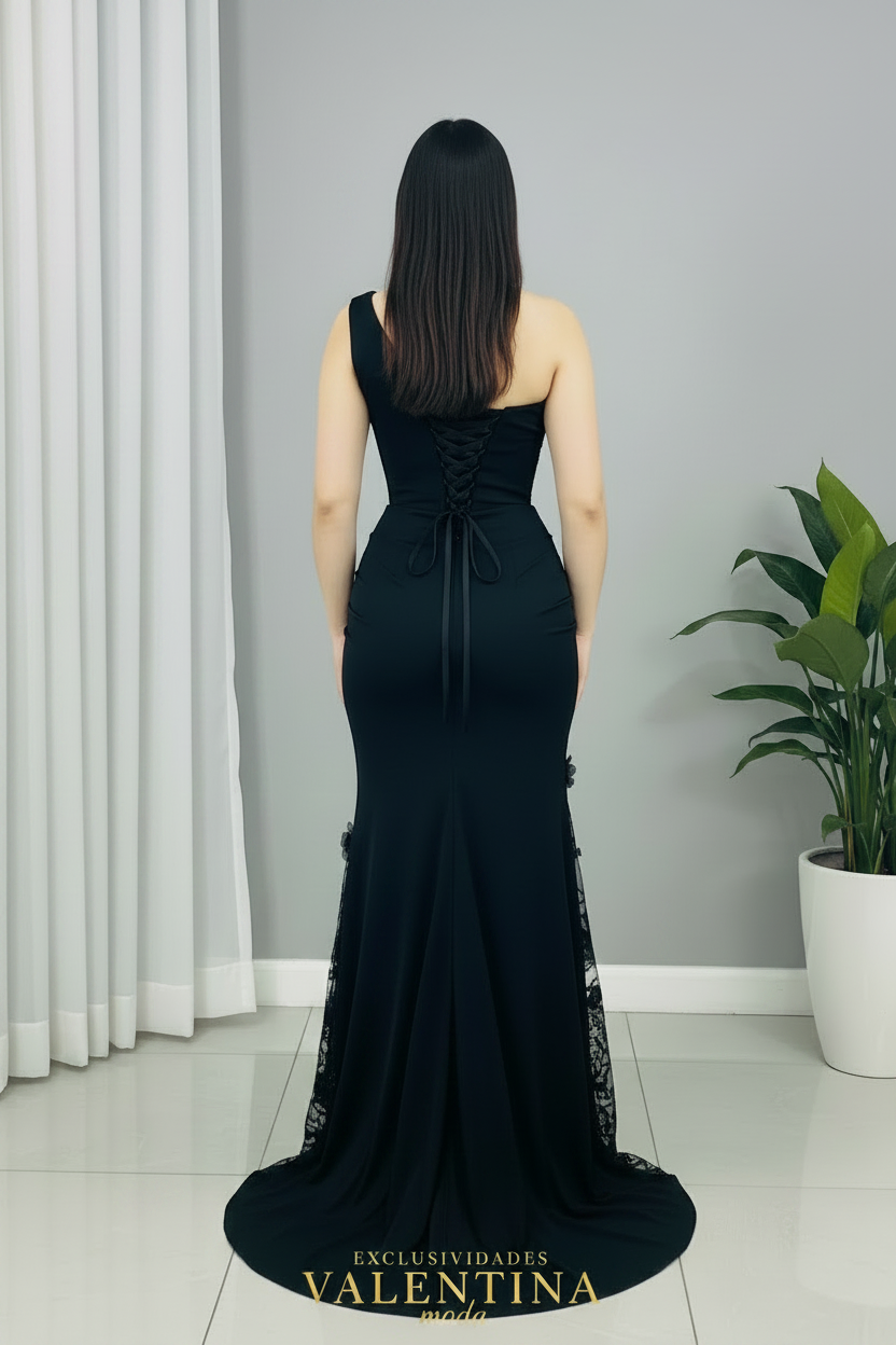 Vestido Maxi Negro Un Hombro con Cristales, Encaje y Flores D3 cod.V862