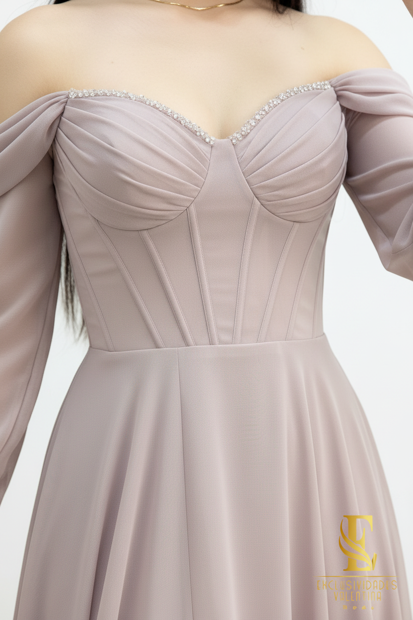Vestido Malva Off-Shoulder Manga Puff con Córset cod.V275