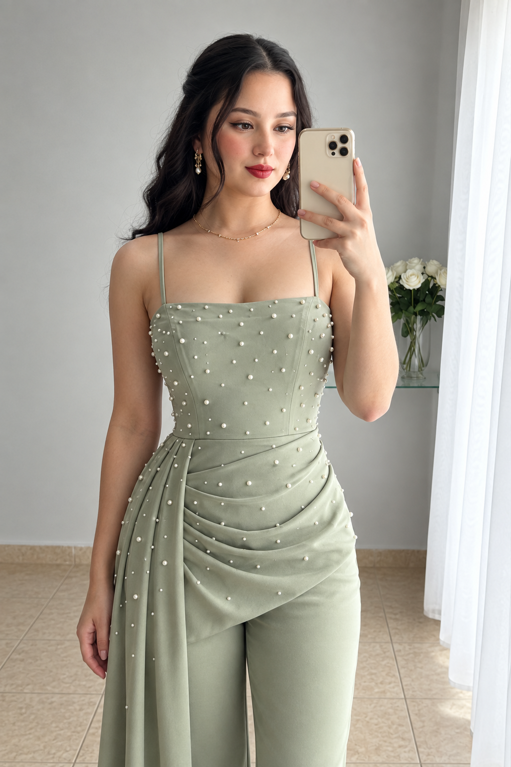 Enterizo Verde Sage Bustier Perlas Drapeado Lateral Pantalón Recto cod.E0004