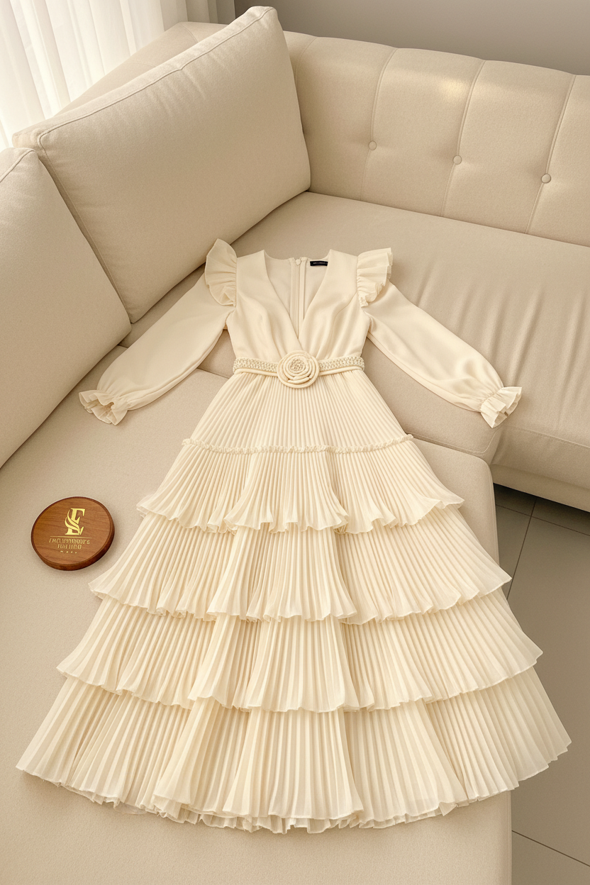 Vestido Crema Marfil Escote V Hombros Flutter Rosa 3D Perlas Capas Plisadas cod.832