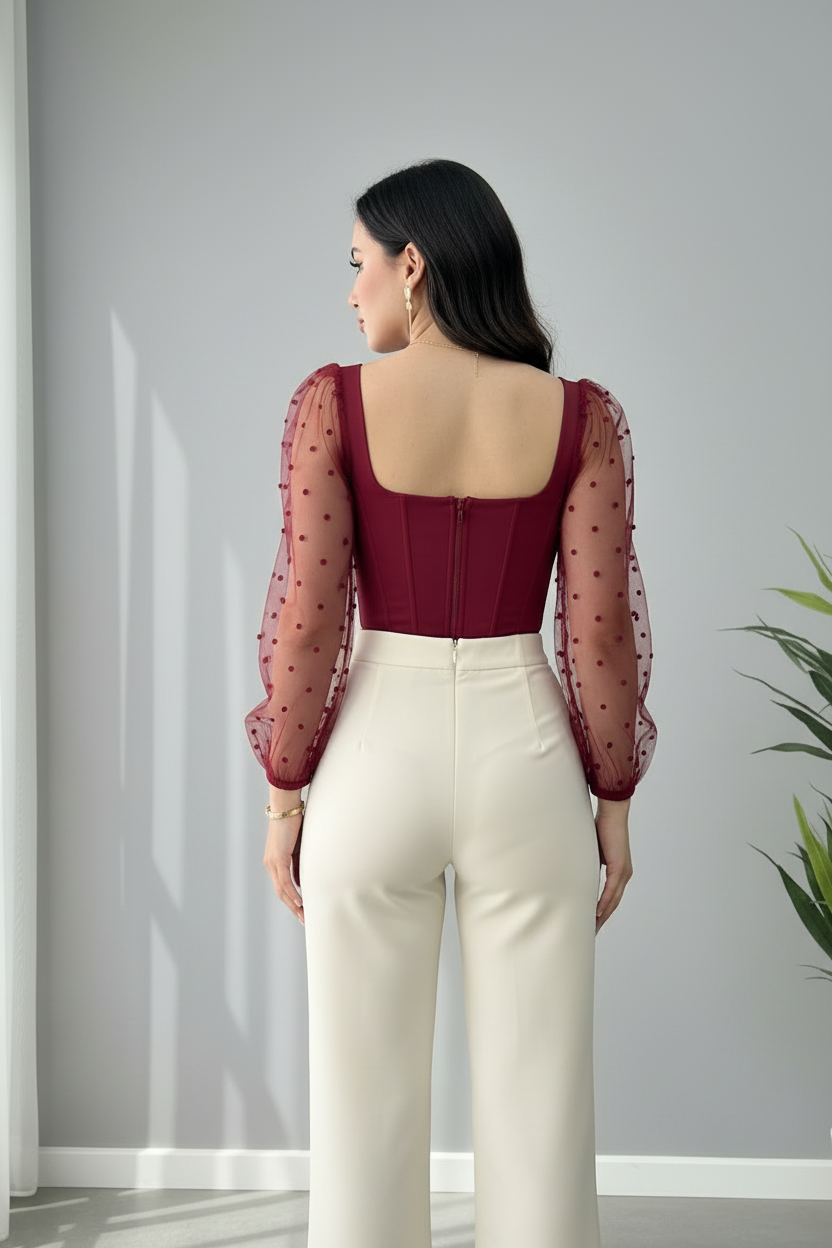 Conjunto Vino Corset con Mangas Tul de Puntos y Pantalón Crema cod.653