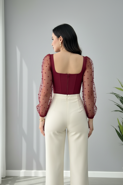 Conjunto Vino Corset con Mangas Tul de Puntos y Pantalón Crema cod.653