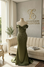 Vestido Largo Verde Militar - Off Shoulder con Perlas cod.V836