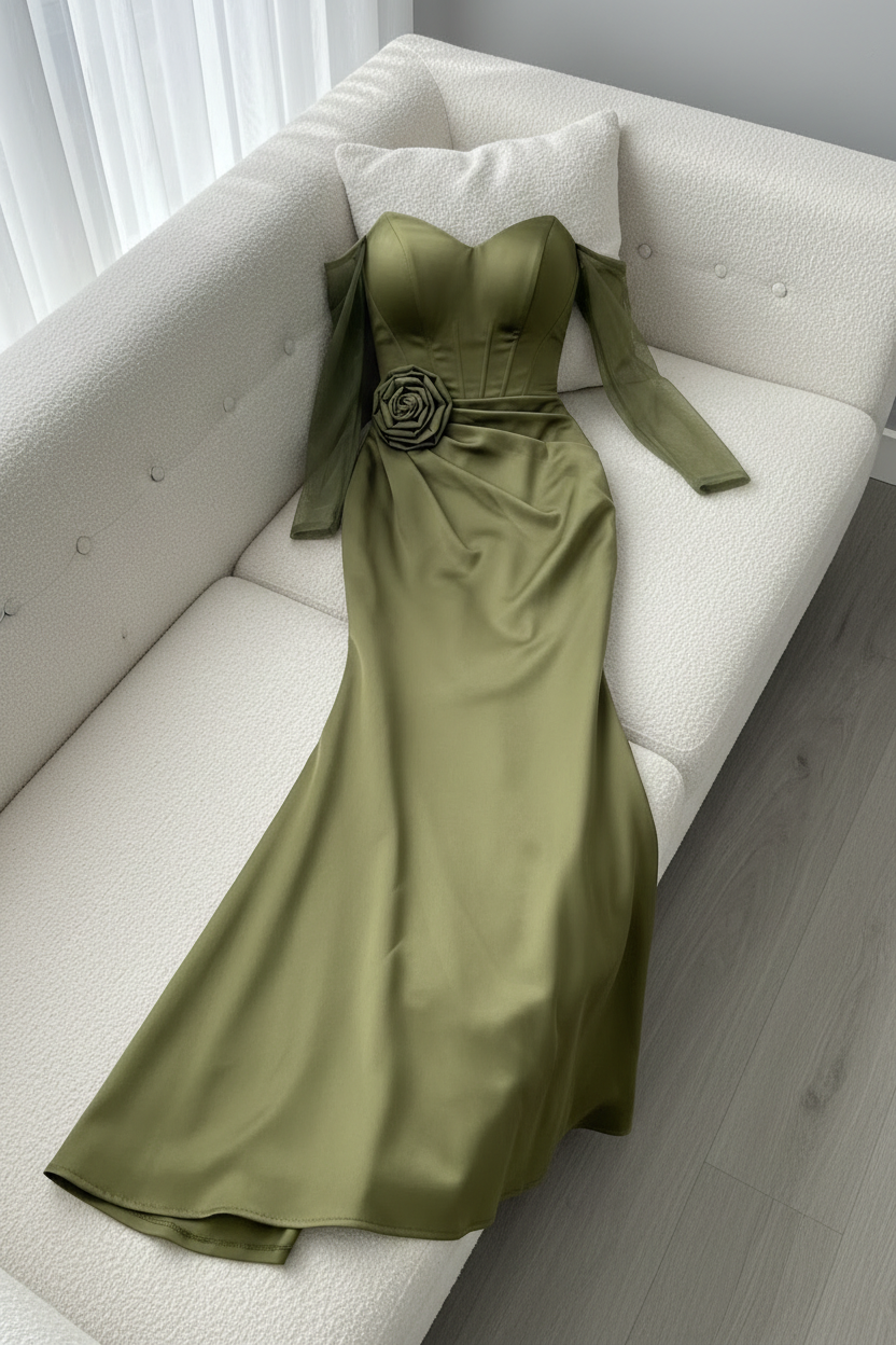 Vestido Verde Olivo Off-Shoulder Manga Tul Rosa D cod.V430
