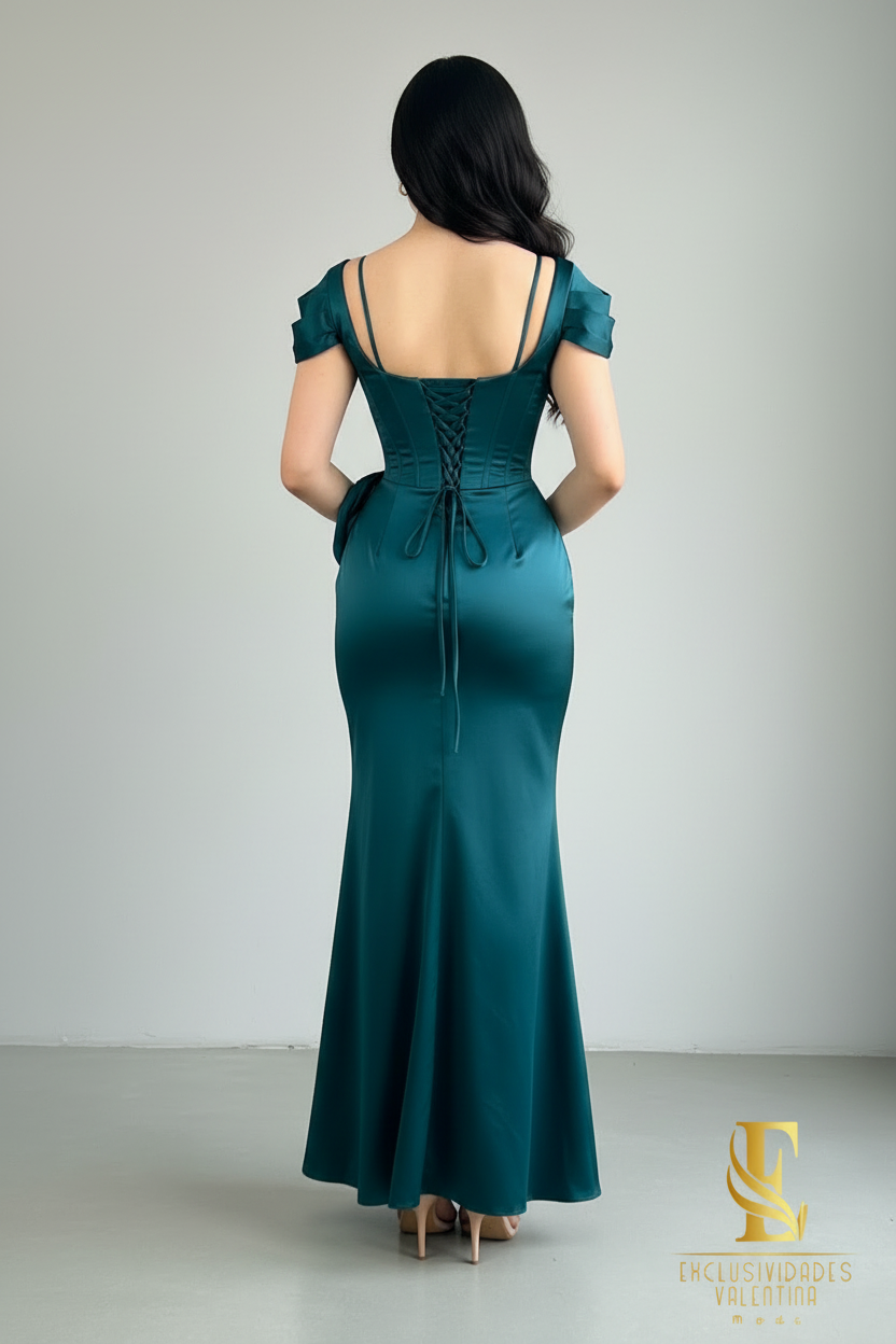 Vestido Largo Verde Azulado - Corset con Rosa 3D y Espalda con Tira cod.V843
