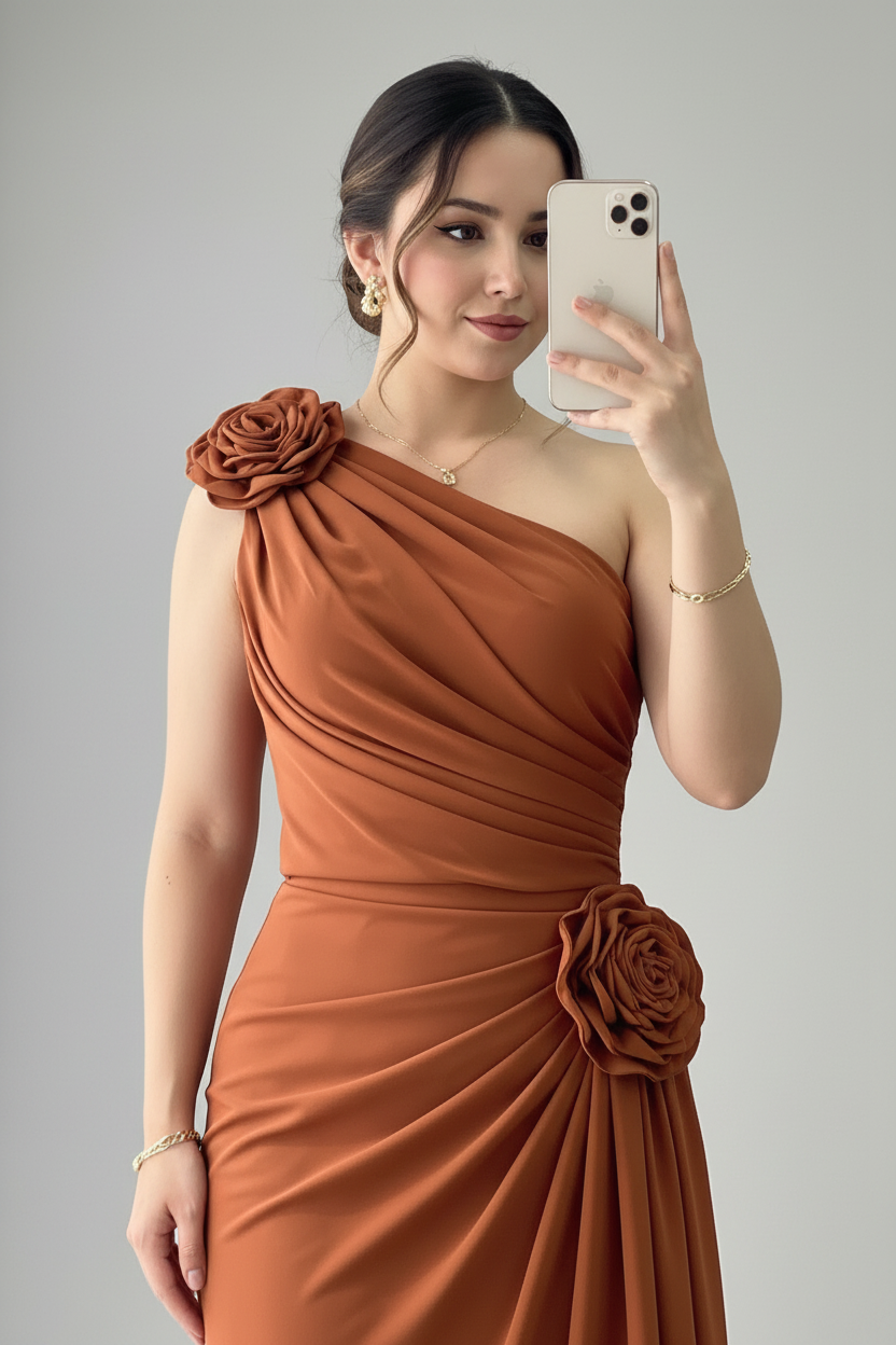 Vestido Un Hombro Terracota — Rosas 3D Hombro & Cadera, Drapeado Asimétrico cod.901
