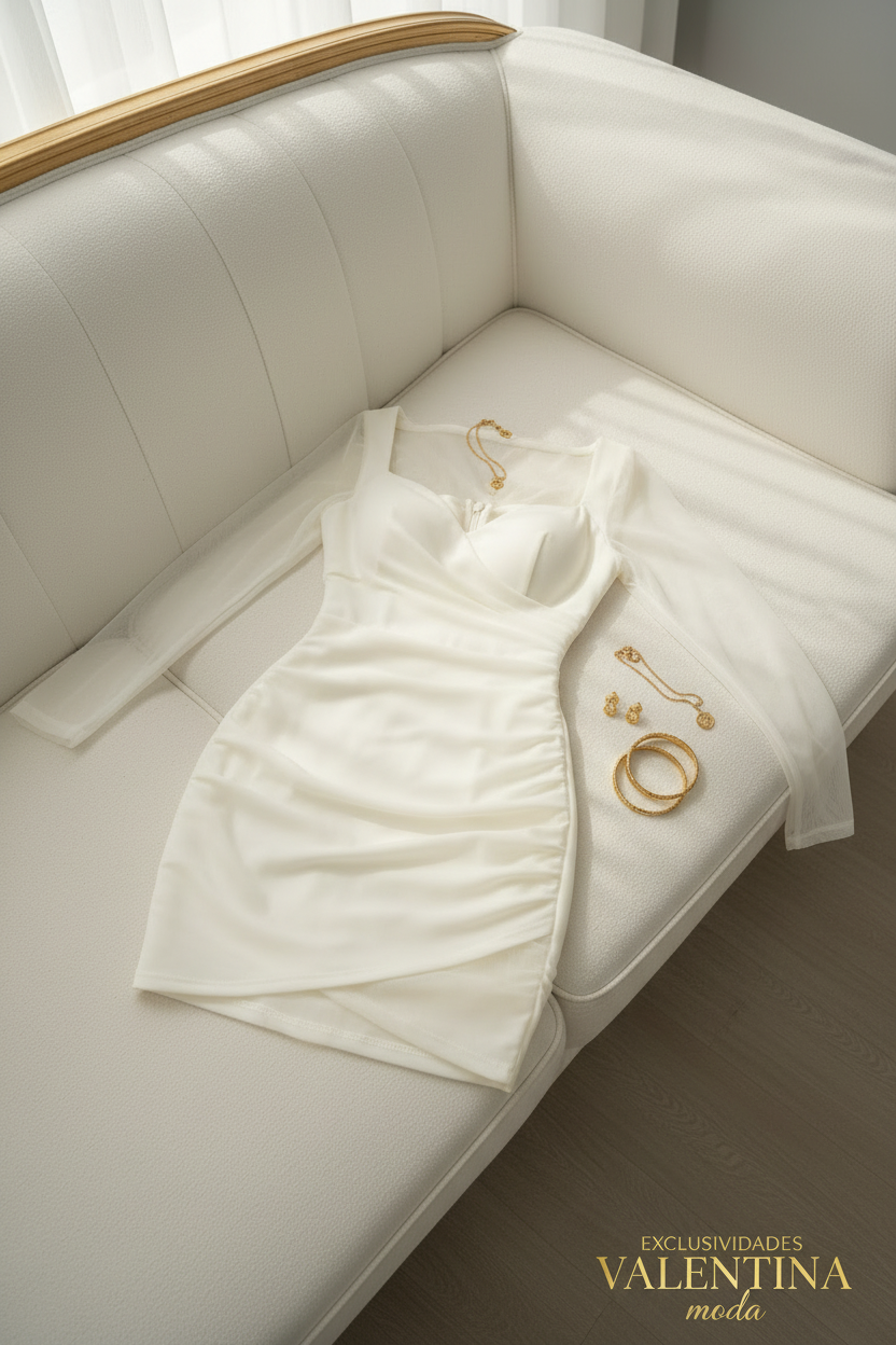 Vestido Corto Blanco Manga y  Tul Drapeado cod.V710