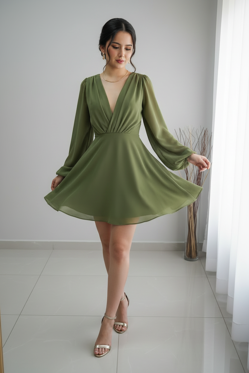Vestido Verde Oliva Escote V Mangas Globo cod.V314