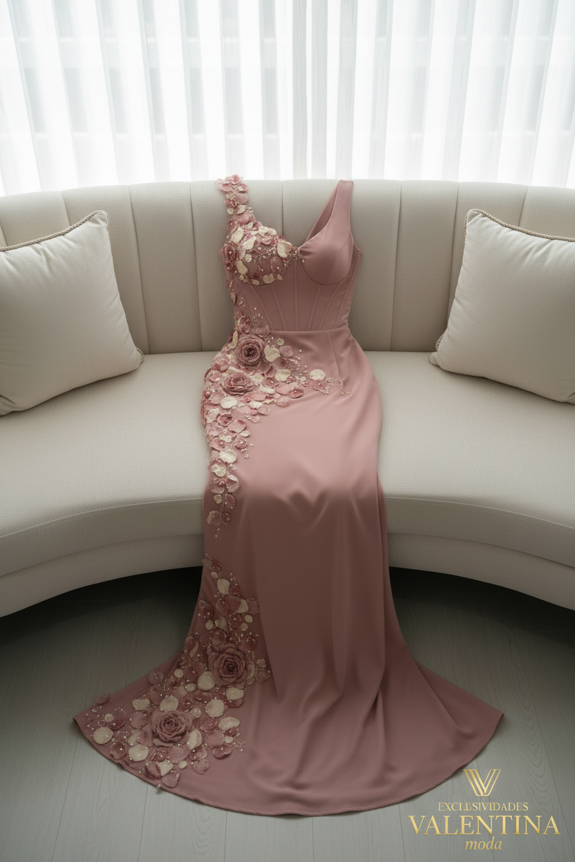 Vestido Maxi Rosa Palo Sirena con Cascada de Flores y Rosas D3 cod.V860