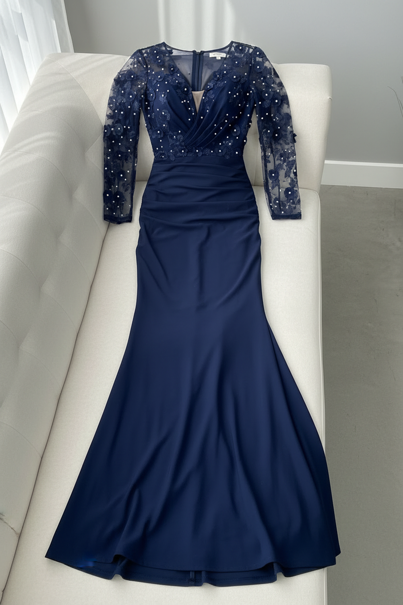 Vestido Azul Marino Sirena Manga Larga Tul Flores 3D Perlas cod.V687